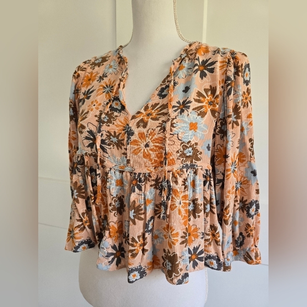 Floral Boho Women's Top - Orange and Brown - Picture 4 of 6